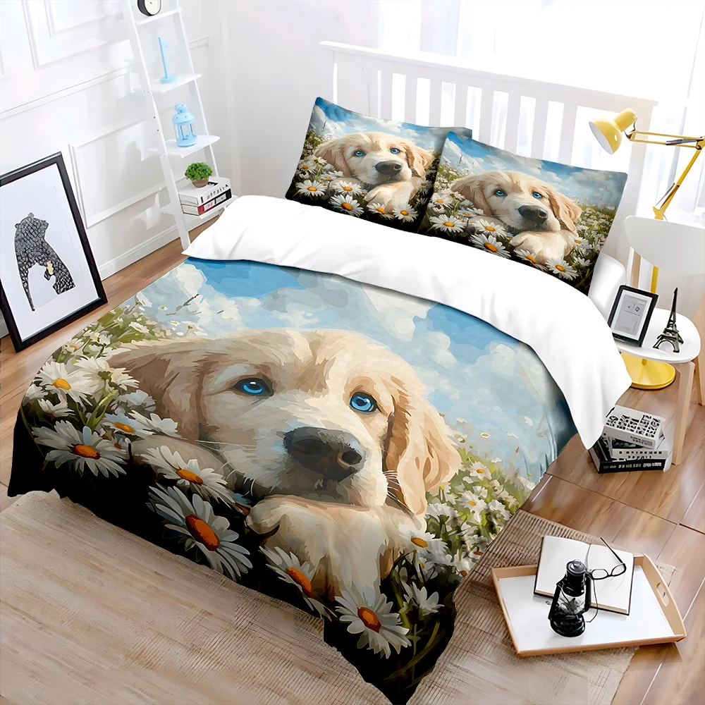 Cute puppy and daisies pattern Bedding Set for Kids Luxury Gift 3pcs Digital Print Comforter Set Soft Comfortable Breathable