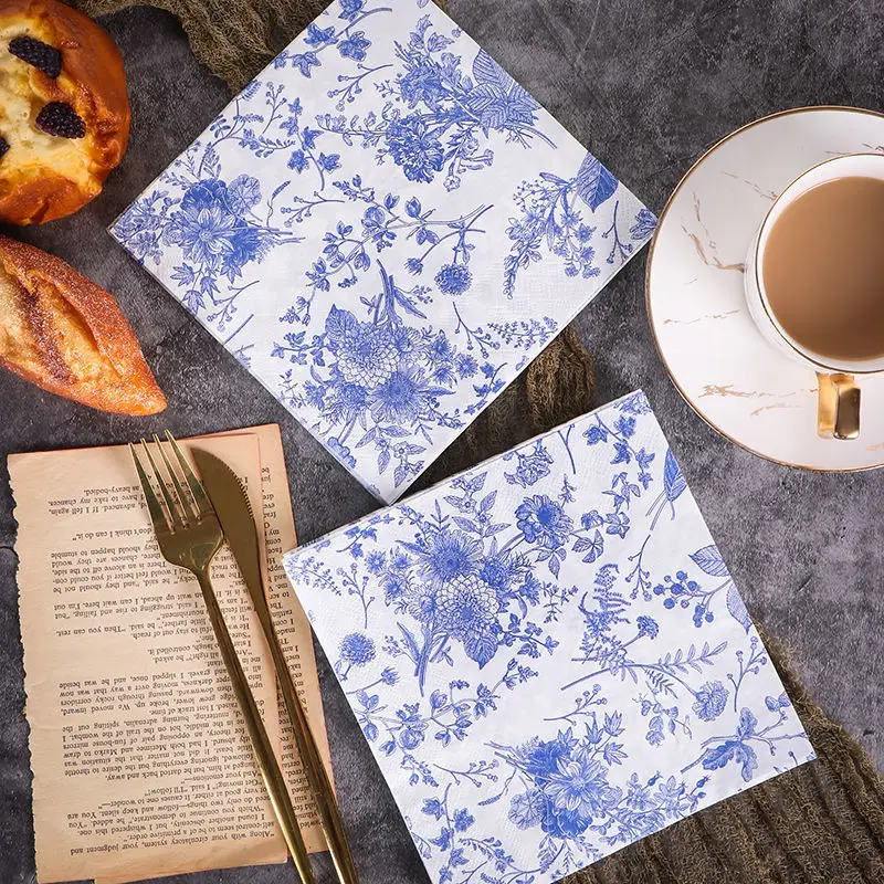 20pcs/pac Minimalist Printed Napkins Paper Ink Blue Patterned Dining Table Napkins Elegant Ancient Style Mouth Wiping Cloth