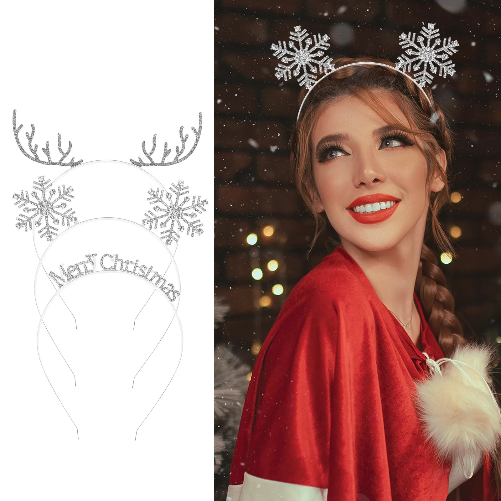 

3Pcs Women Christmas Headband Set Rhinestone Deer Antler Snowflake Holiday Headpiece Fancy Sparkle Hair Bands for Party Cosplay