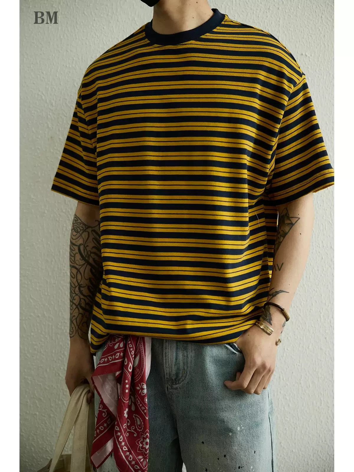 Unisex Heavyweight Cotton T-Shirt Summer American Style Striped Color Block Short Sleeve round Neck Loose Fit Casual Top Trendy