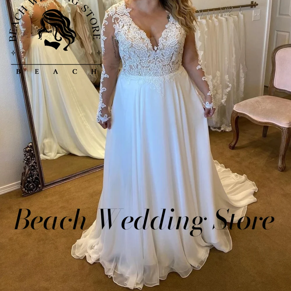 Beach Customized Plus Size Wedding Dress V-Neck  Long Sleeve Lace Appliques Bridal Gown  A-line large size Sweep Train Gorgeous