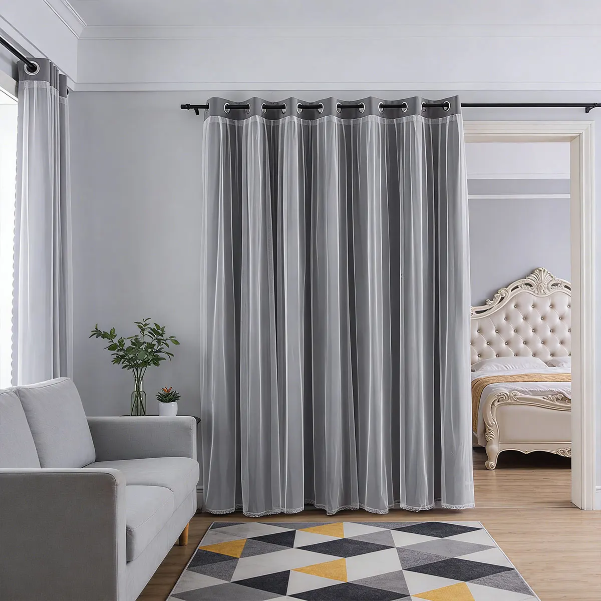 Grey Double‑Layer Grommet Room Divider Curtain 1pc, Sheer Overlay Partition Drape for Living Room Bedroom