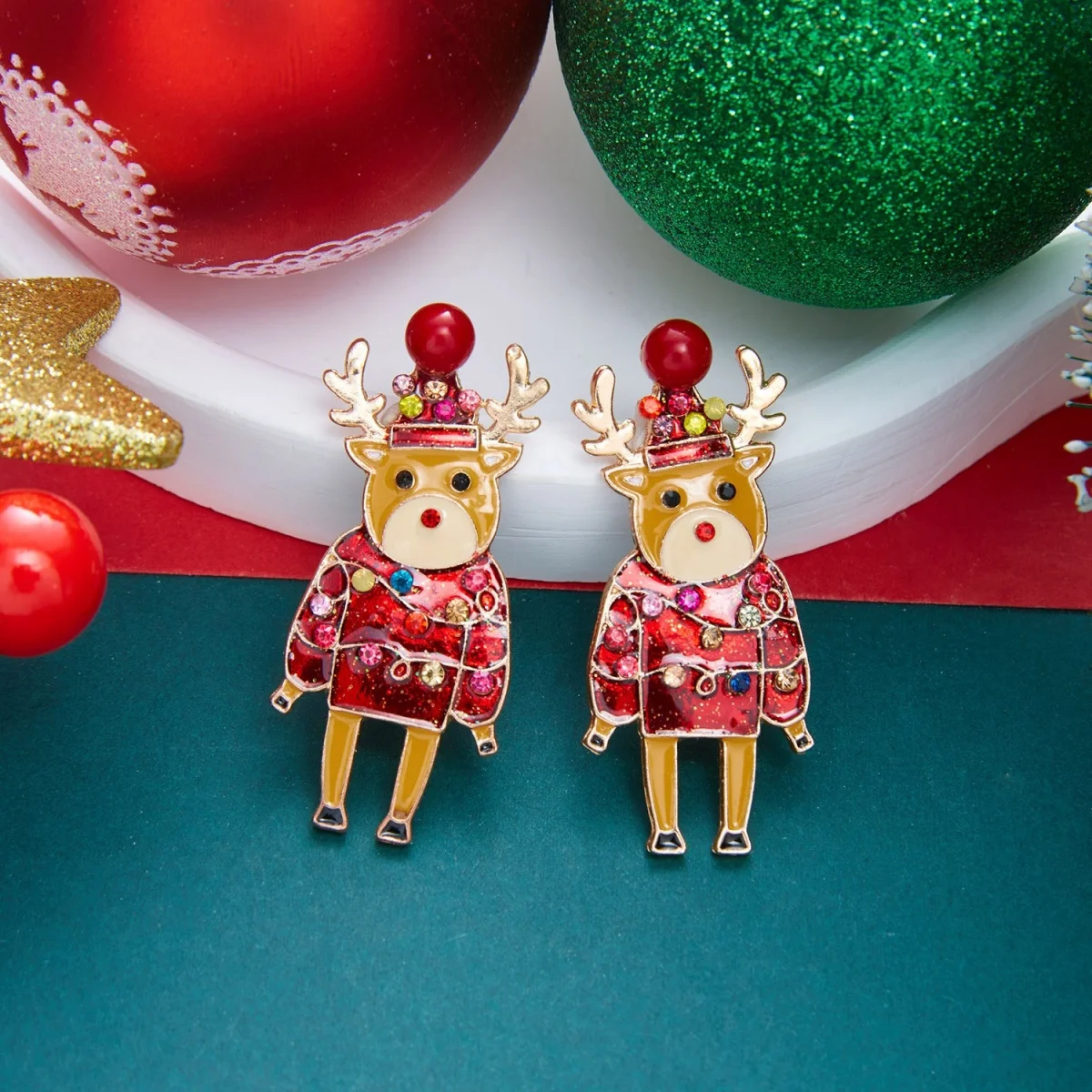 Weihnachtliche Zierliche Ohrringe mit Rotem Schal und Hirschmotiv für Damen, Bunte Strass-Rentier-Elch-Tier-Ohrringe, Neujahrs-Schmuck – Detail 29
