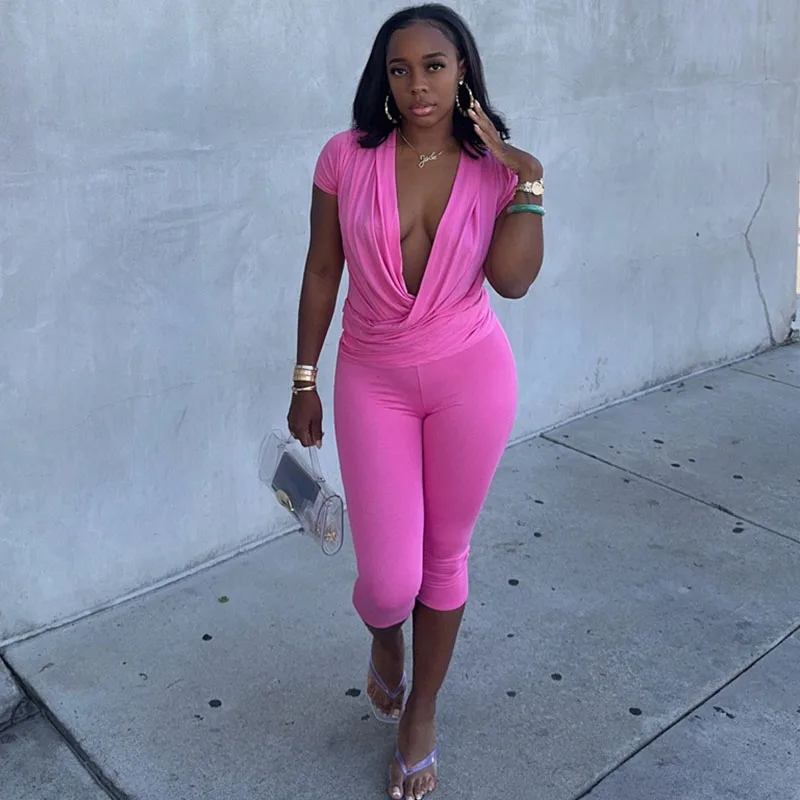 Doyerl Solid Two Piece Set Woman Matching Sets Party Club Night Deep V-neck Ruched Top and Calf-length Pants Ensemble Femme