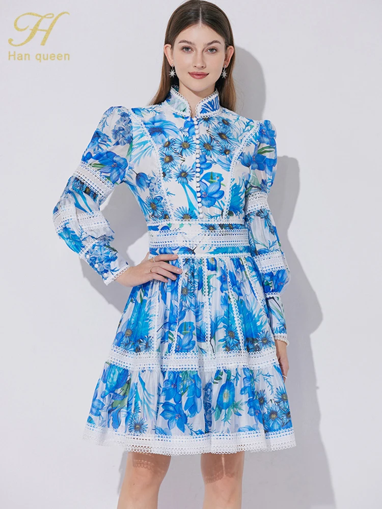 

H Han Queen Summer French Style Chic Lantern Sleeve Printed A-Line Dress Women Simple Casual Basics Vacation Retro Party Dresses