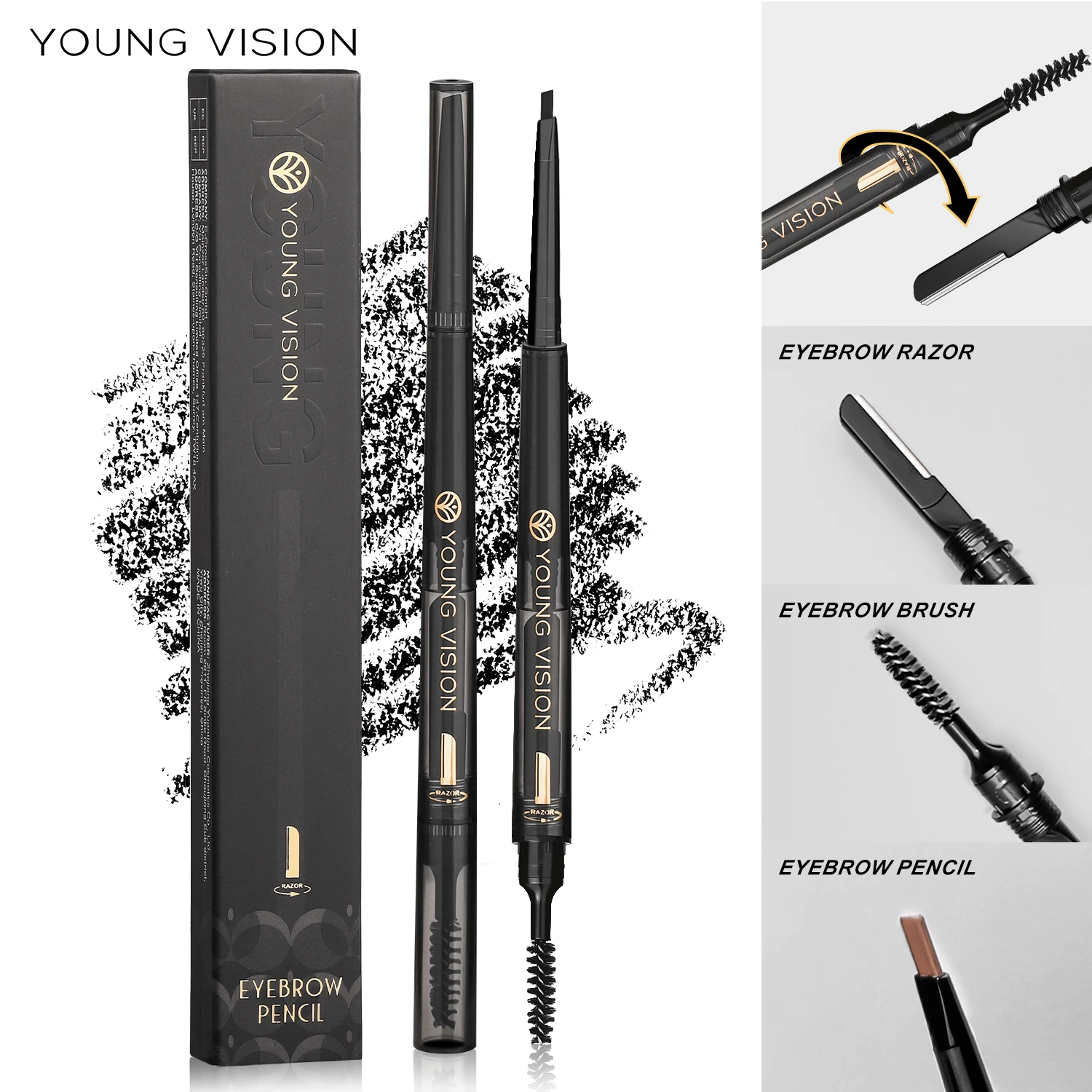 YOUNG VISION Brand Three-in-One Waterproof Eyebrow Pencil with Brow Brush and Blade, Fine and Soft Pencil Core, No Smudging