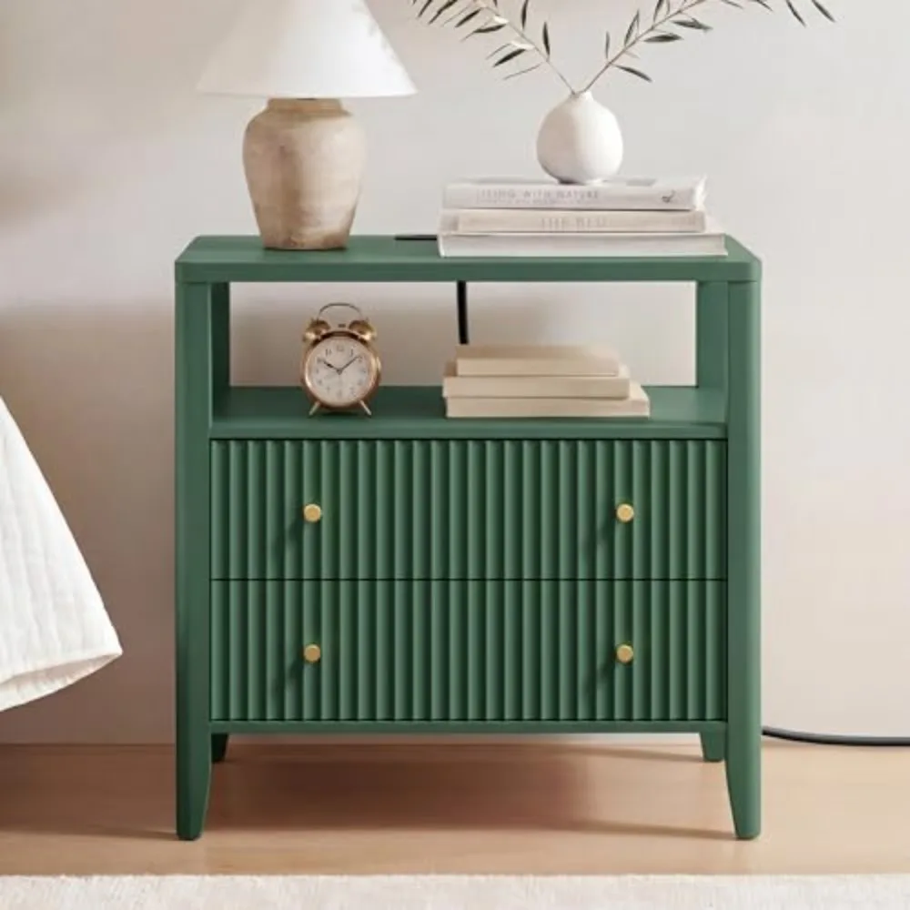 Nightstand with Charging Station, 27.3" Wide Fluted Bedside Tables with 2 Drawers & Open Shelf, Large End Tables with