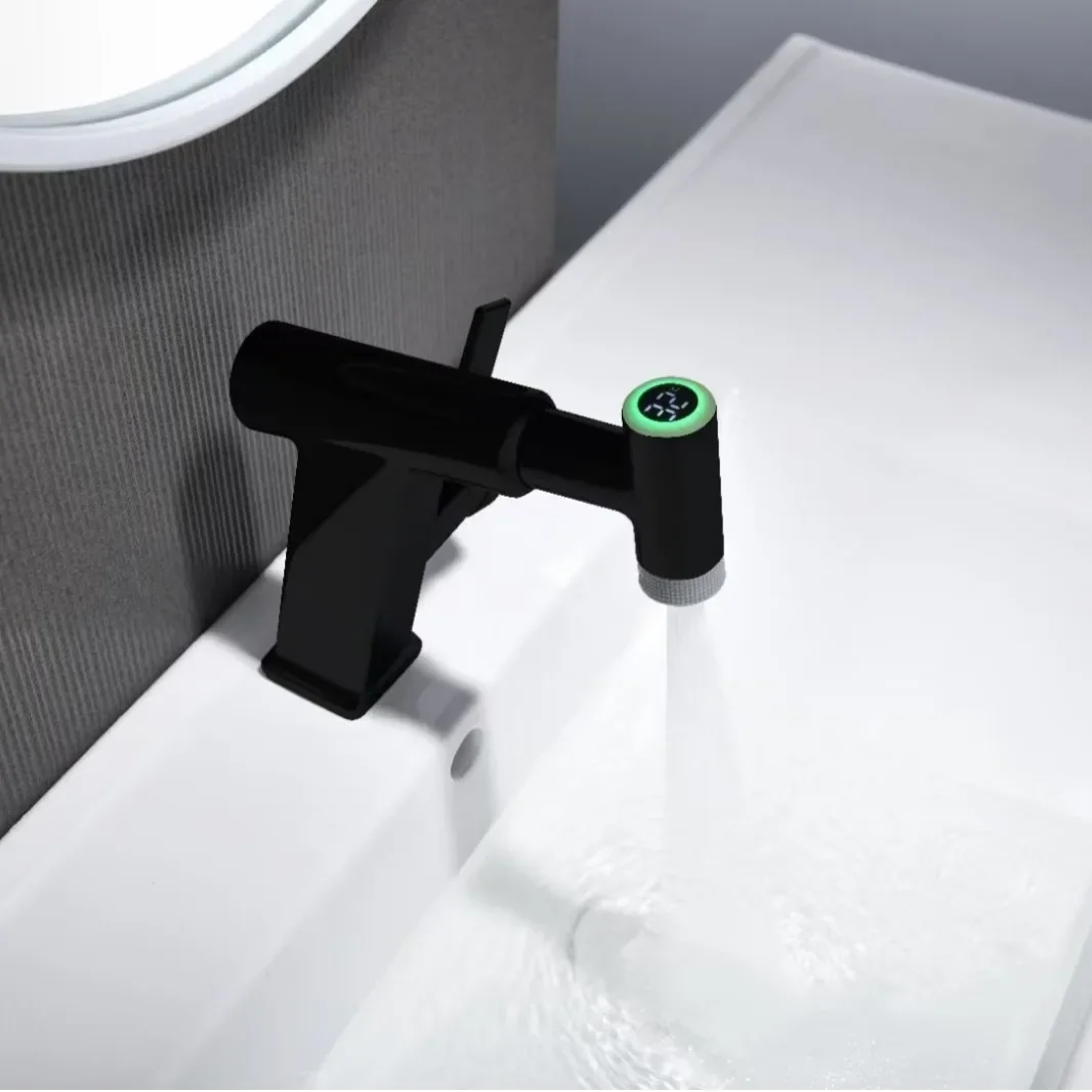 Digital Display Pull-out Basin Faucet Household Cold and Hot Wash Sink Basin Faucet Bathroom Wash Dishes Wash Tap Bags