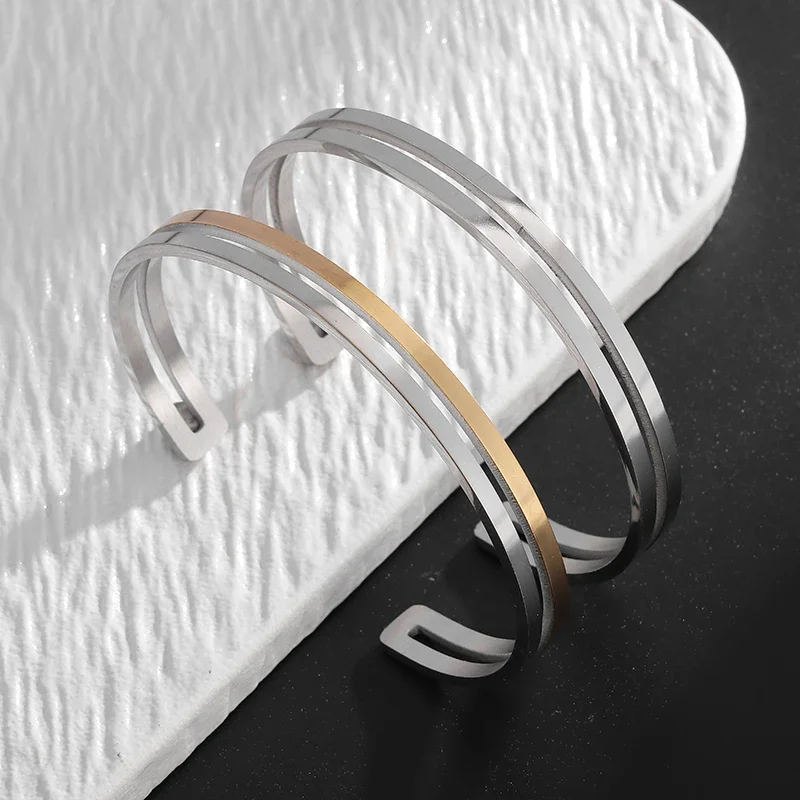 Titanium Steel Simple Two-Color Double-Layer Glossy Open Bracelet Suitable for Men's Fashion Cuff Bracelets Couple Jewelry