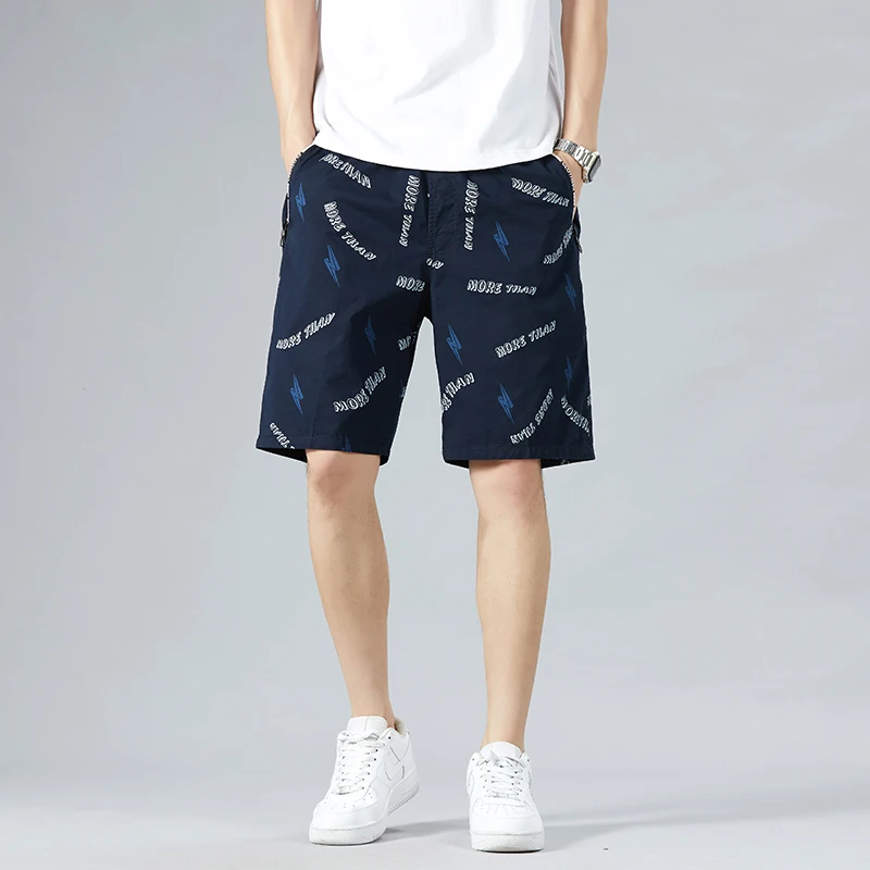 Summer Thin Fashion Letter Casual Shorts Printed Loose Straight Men's Clothing Zipper Pockets Spliced Basic Korean Knee Pants