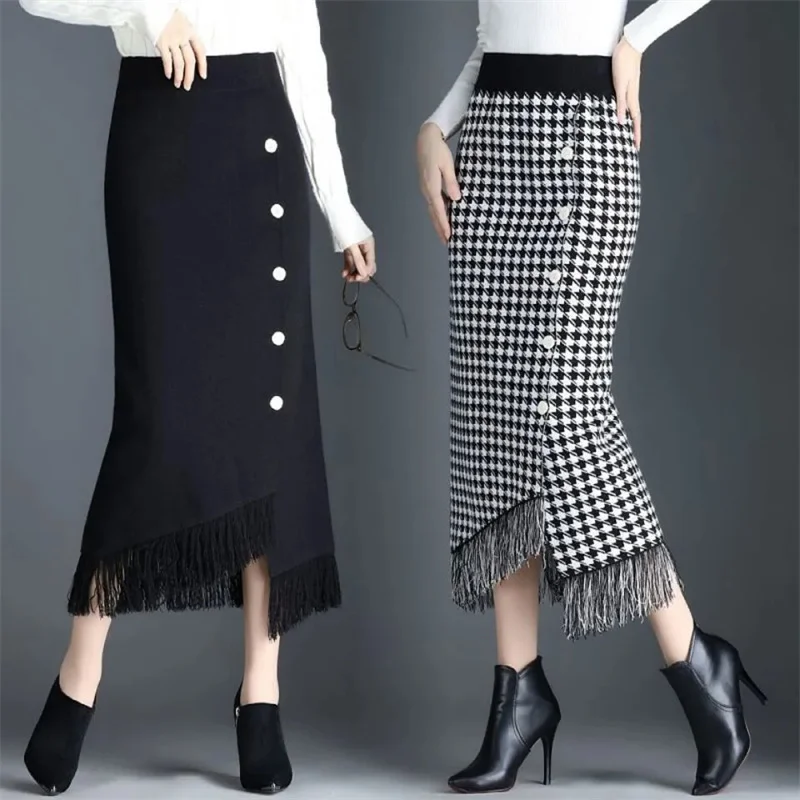Knitted Skirt For Women Autumn Winter New High waist Tassels Versatile  Sweater Wrapped Hip Skirts Ladies Skirts
