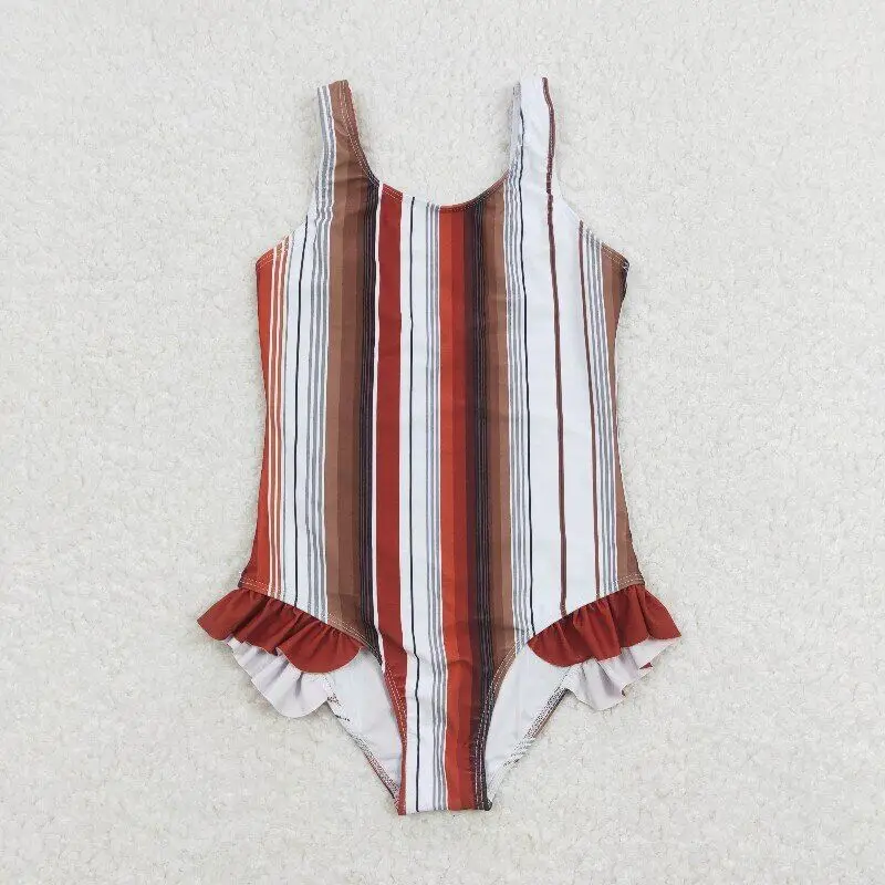 

RTS Baby Girls Western Brown Stripes Sleeveless Summer Fashion Boutique Children Toddler One Piece Swimsuits Bathing Suits