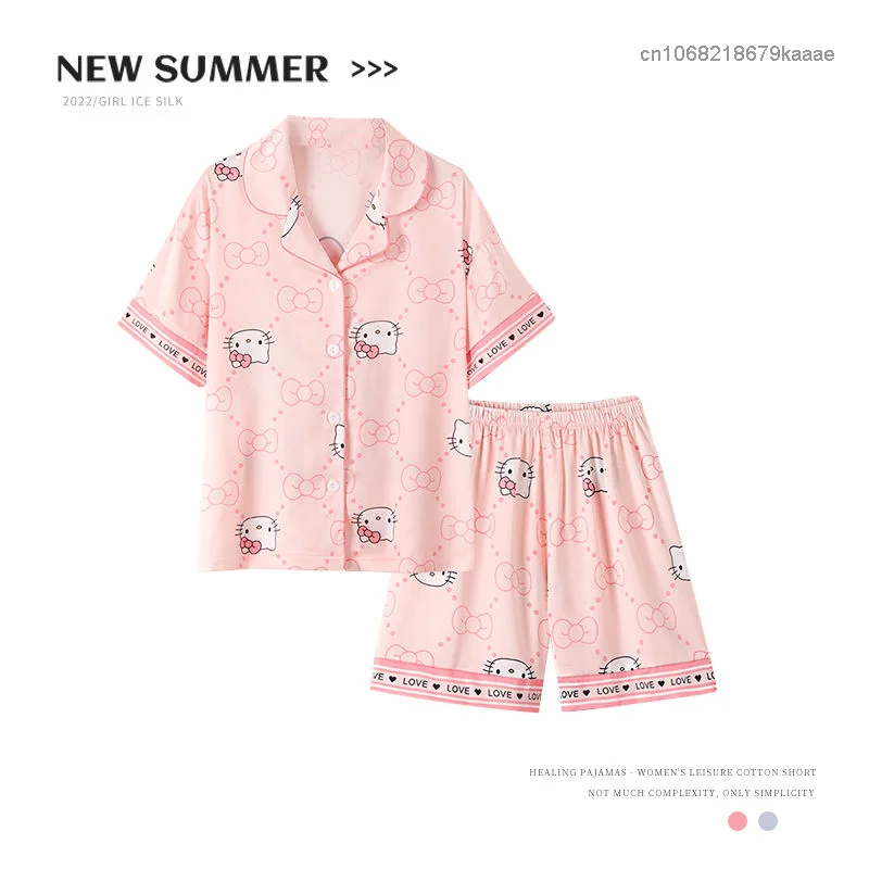 Sanrio Hello Kitty Summer Silky Pajamas Women Loose Top Shirt Shorts Home Clothes 2 Piece Matching Set Y2k Cute Sleepwear Suit