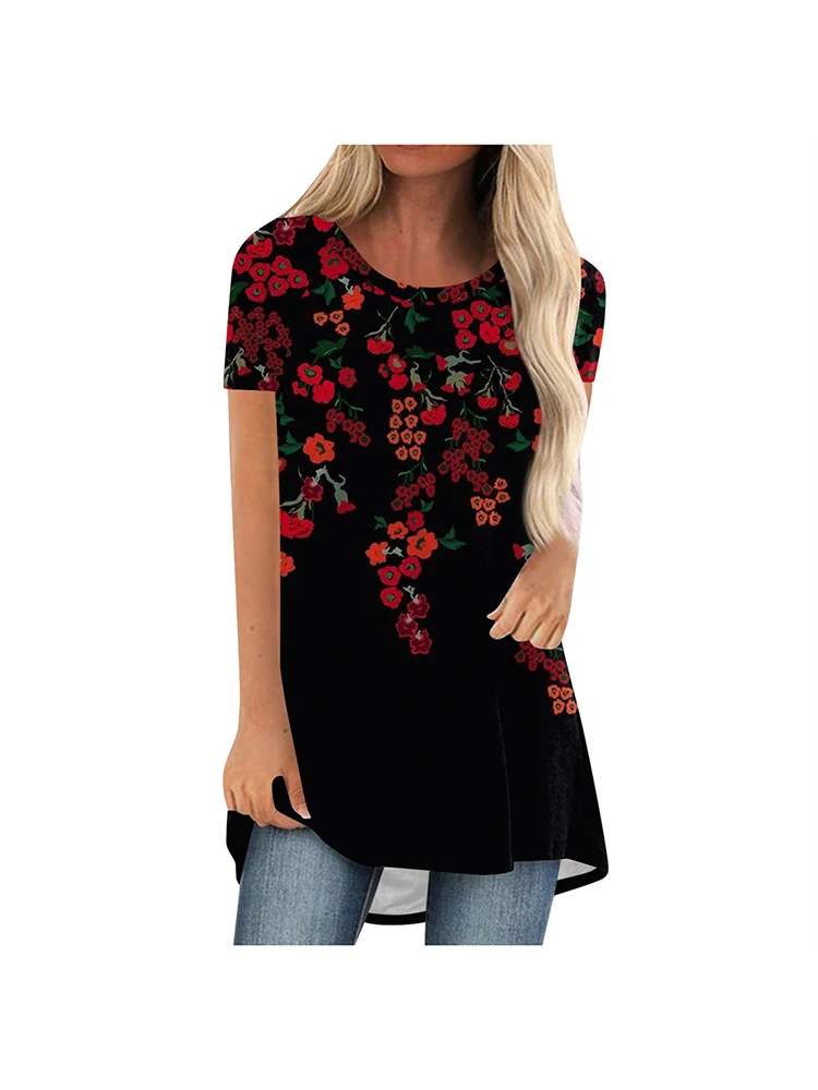 Letnie koszulki z krótkim rękawem Kwiaty Kwiatowy nadruk 3D Streetwear Kobiety Vintage Koszulka z krótkim rękawem Tunika Topy Plus Size Tees Odzież damska — zdjęcie 2