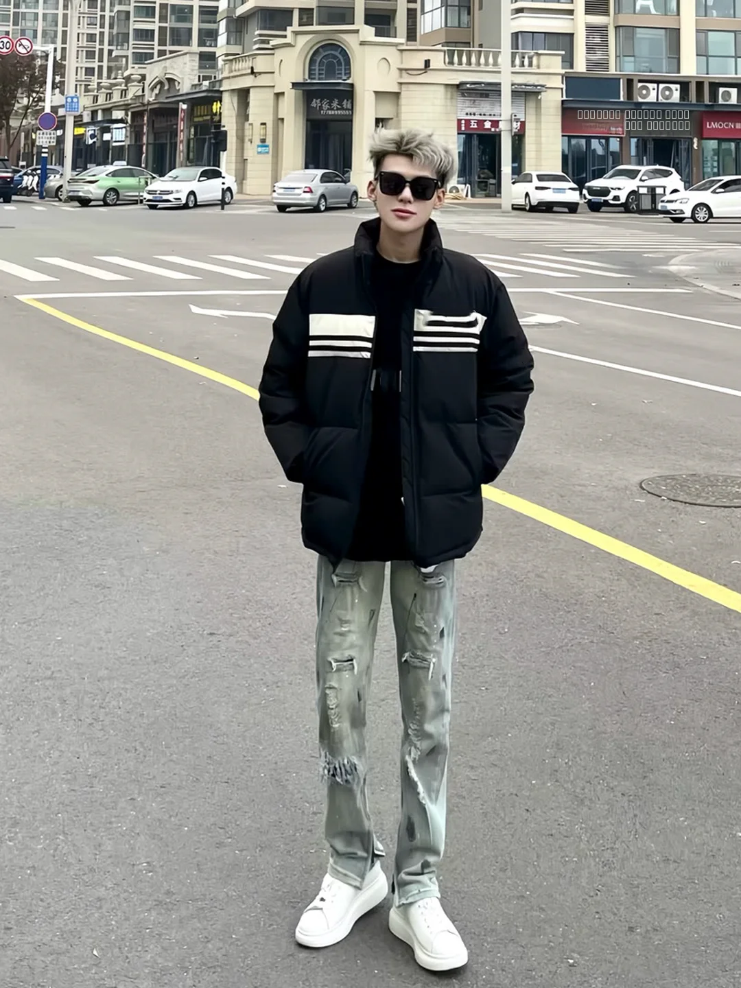 

American High Street Style Men's Trendy Jeans with Splashed Ink Washed Hole Side Slit Long Straight Leg Jeans Casual Wear