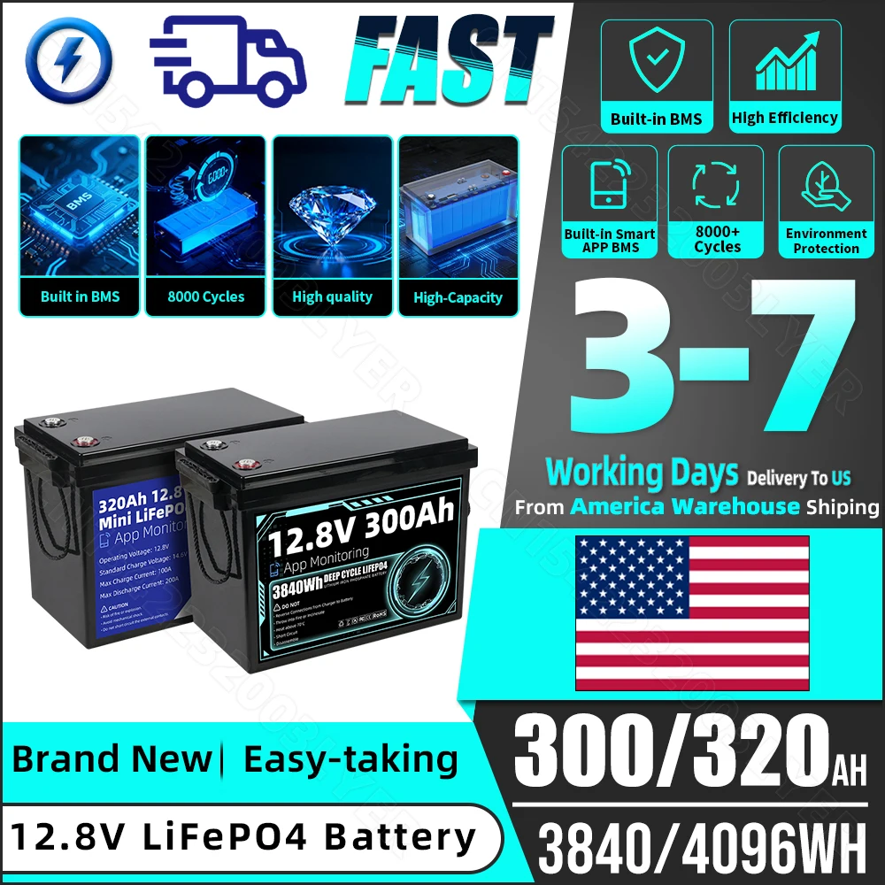 1PCS 12V 300AH 320Ah APP Control Lifepo4 Battery Pack Grade A 12.8V Rechargeable Battery DIY 24V 48V For Camping Solar Golf Cart US Stock