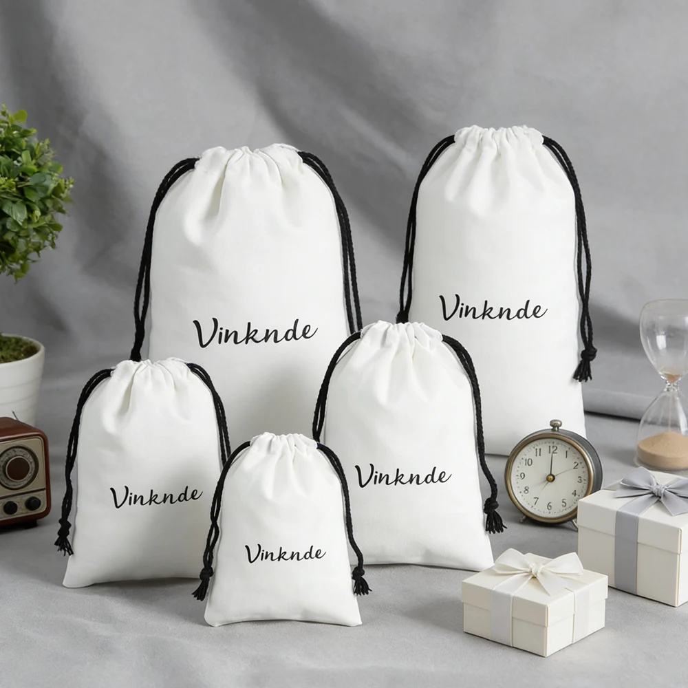 

Custom Logo White Cotton Jewelry Gift Bags 3x4‘’ Makeup Ring Drawstring Natural Cotton Canvas Pouches Wedding Candy Dust Sack