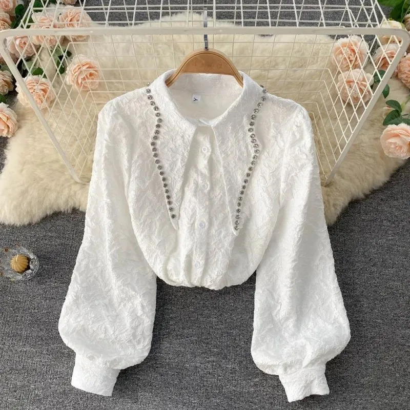 

Белая женская блузка с цветочным принтом в винтажном стиле, элегантная, с отложным воротником и рукавами-фонариками, модная одежда для женщин, топы, блузки 2026