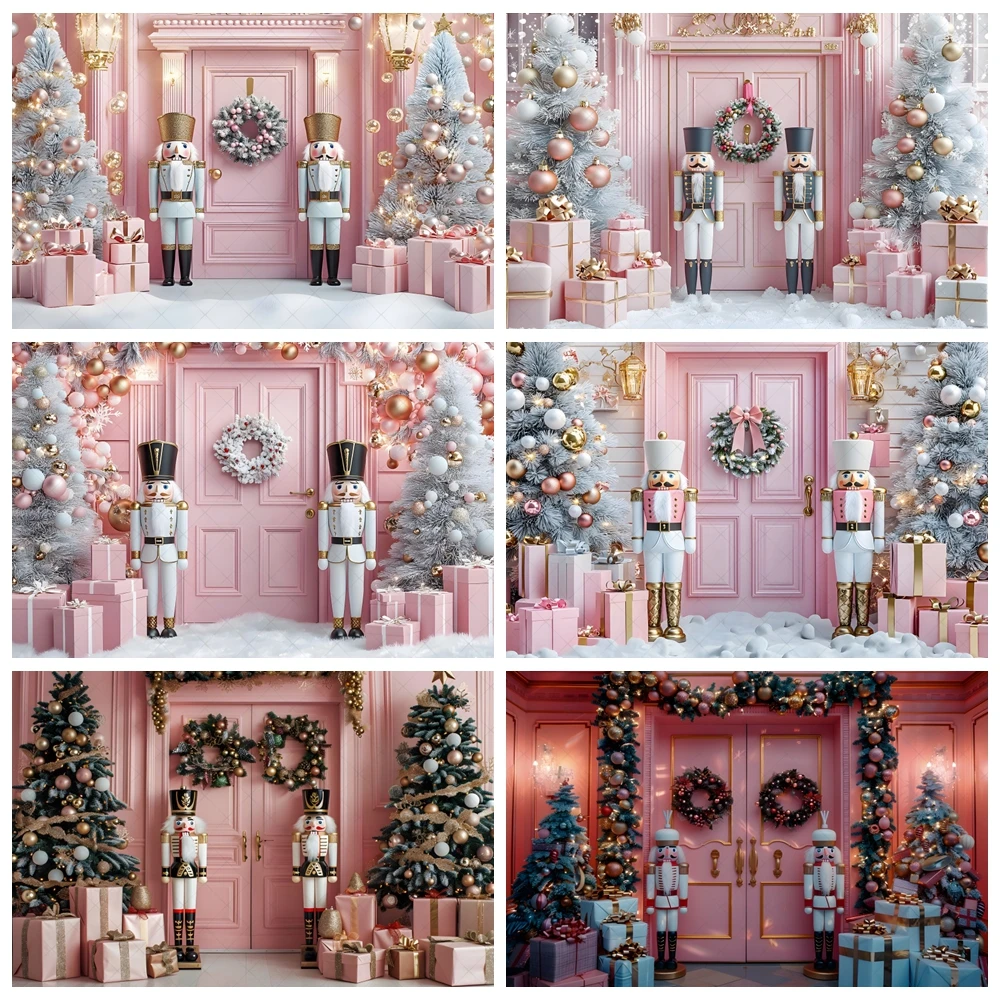 

Christmas Photography Backdrop Pink Wood Door Winter Snow Nutcracker Soldier Castle Xmas Tree Gift Family Party Photo Background