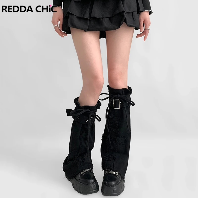 REDDACHiC Ribbon Cross Leg Warmers Women Retro Patchwork Raw Edge Denim Boots Cover Black Bootcut Long Socks Dark Punk Clothes