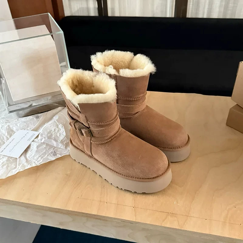 Thick soled knight boots, snow boots for women, 2026 new model, thickened sheepskin and leather integrated cotton shoes
