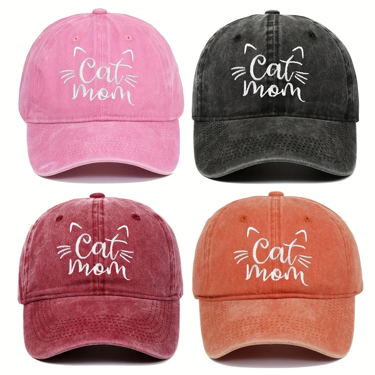 Damen bestickte Cat Mom Baseballkappe, verstellbare Sonnenschutzhut aus gewaschener Baumwolle, Cartoon-Thema, Geburtstagsgeschenk, Outdoor-Spire-Kappen