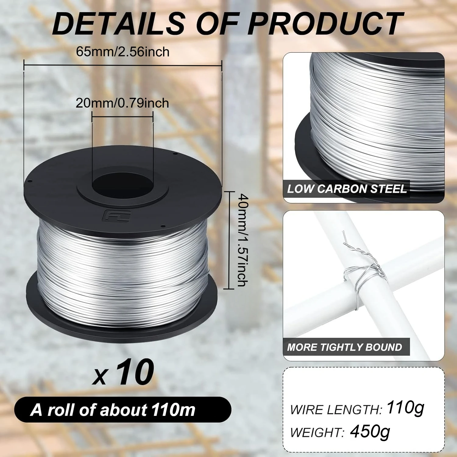 10 Rolls Tie Wire Coil 110m Length 0.8mm Diameter Steel Tie Wire Rolls for Automatic Tying Machine