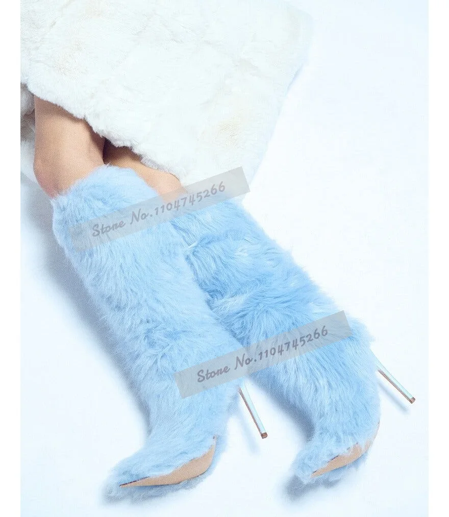 

Upsetter Sky Blue Furry Knee High Boots Soft Warm Plush Stiletto Heel Tall Boots Elegant Fall Winter Long Dress Fur Shoes