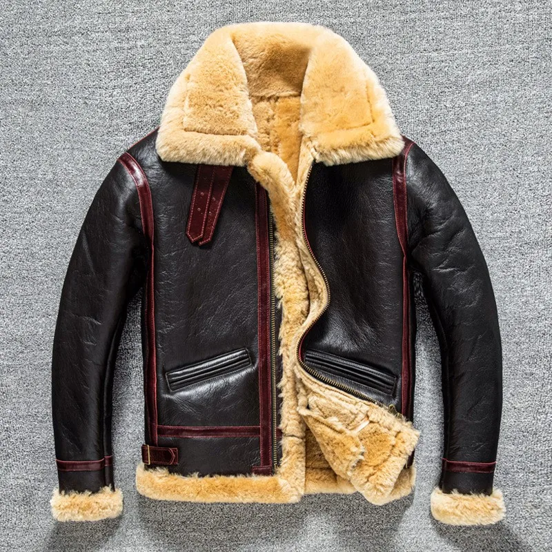 Classic warm lapel thickened fur one-piece lambskin men's leather