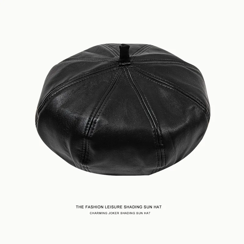 Women Pu Leather Beret French Artist Spring Beanie Hat Cap Vintage Plain Beret Hats Solid Color Elegant Lady