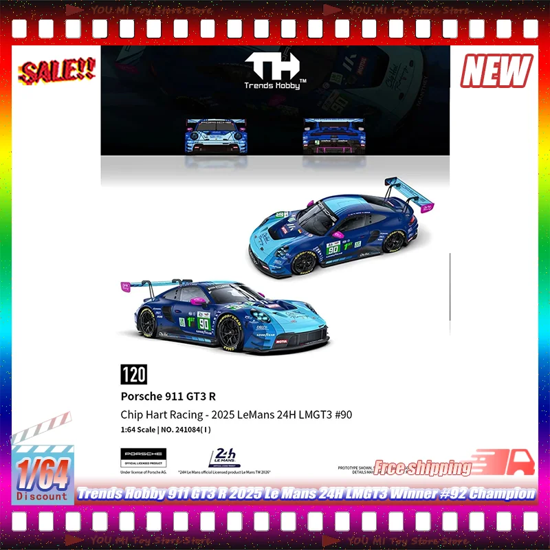 

Модель 1:64 Trends Hobby 911 GT3 R 2025 Le Mans 24h LMGT3 Winner # Модель 92 Champion из литого сплава: коллекционная игрушка, украшение, подарок для детей