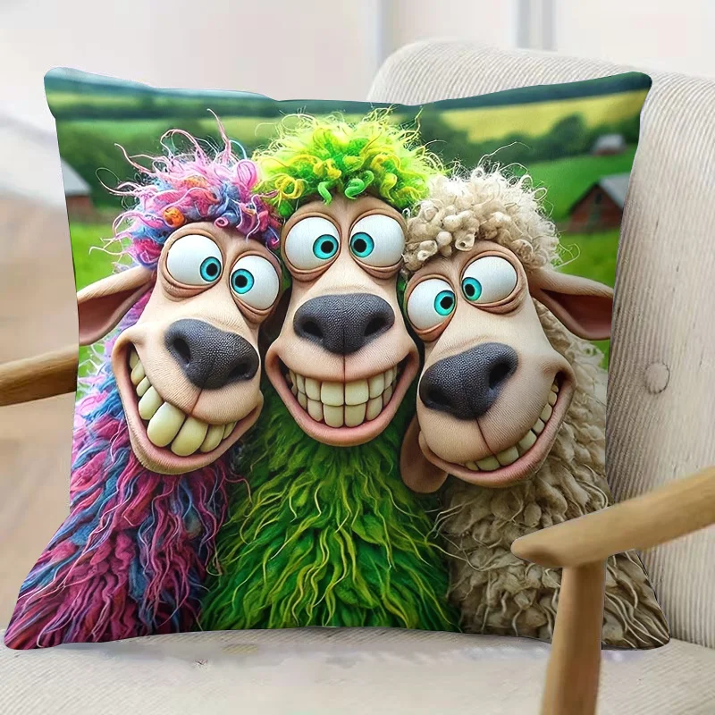 Funny Colorful Sheep Pillowcase, Crazy 3D Animal Cushion Cover, Cartoon Farm Humor Home Decor, Square Throw Pillow Case