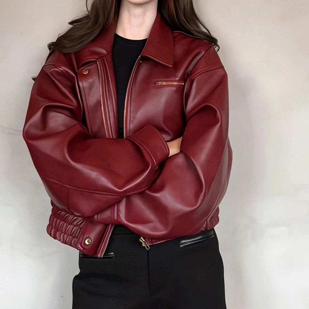 American retro lapel short leather jacket women's 2026 autumn explosion red temperament foreign style jacket top