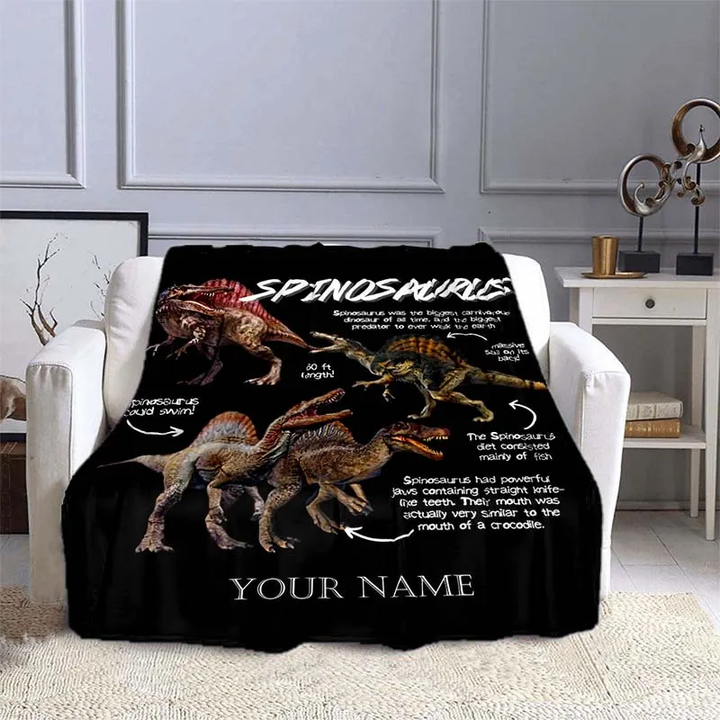 Customize Customizable Name Spinosaurus Dinosaur Pattern Flannel Throw Blanket, Contemporary Style, Digital Print Polyester, Sof