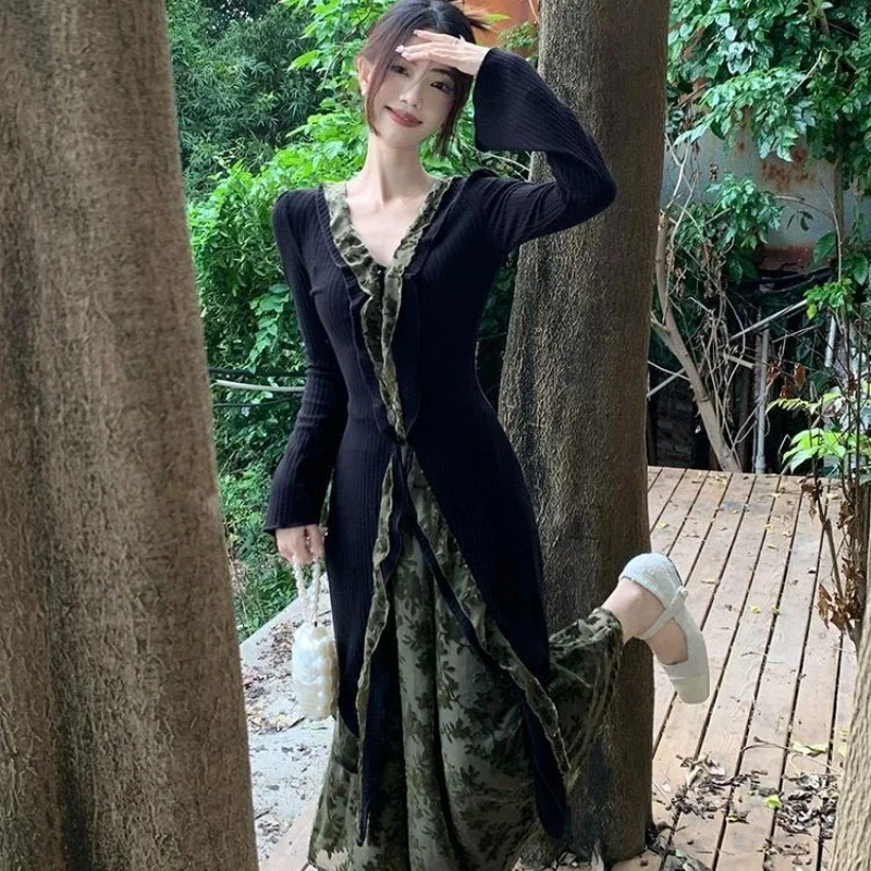 Primavera outono feminino estilo chinês retro preto plissado cardigan saias 2 peça conjunto senhora graciosa magro casaco longo saia floral ternos