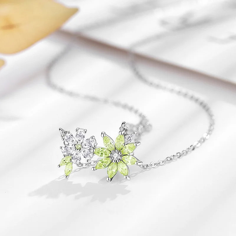 الأوروبي تألق 925 فضة الأخضر زهرة قلادة قلادة AAA تشيكوسلوفاكيا للنساء هدية عيد ميلاد مجوهرات
