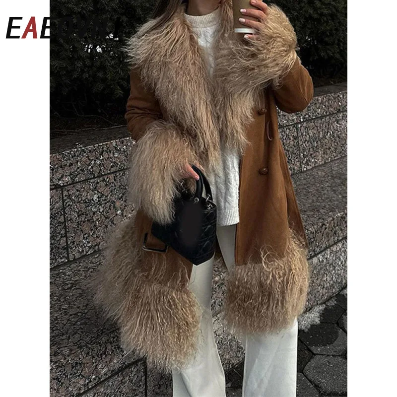 

EAEOVNI Vintage Brown Winter Women's Coat Fur Spliced Design Tassel Belt Button Mid Length Coat Fashion New Clothing