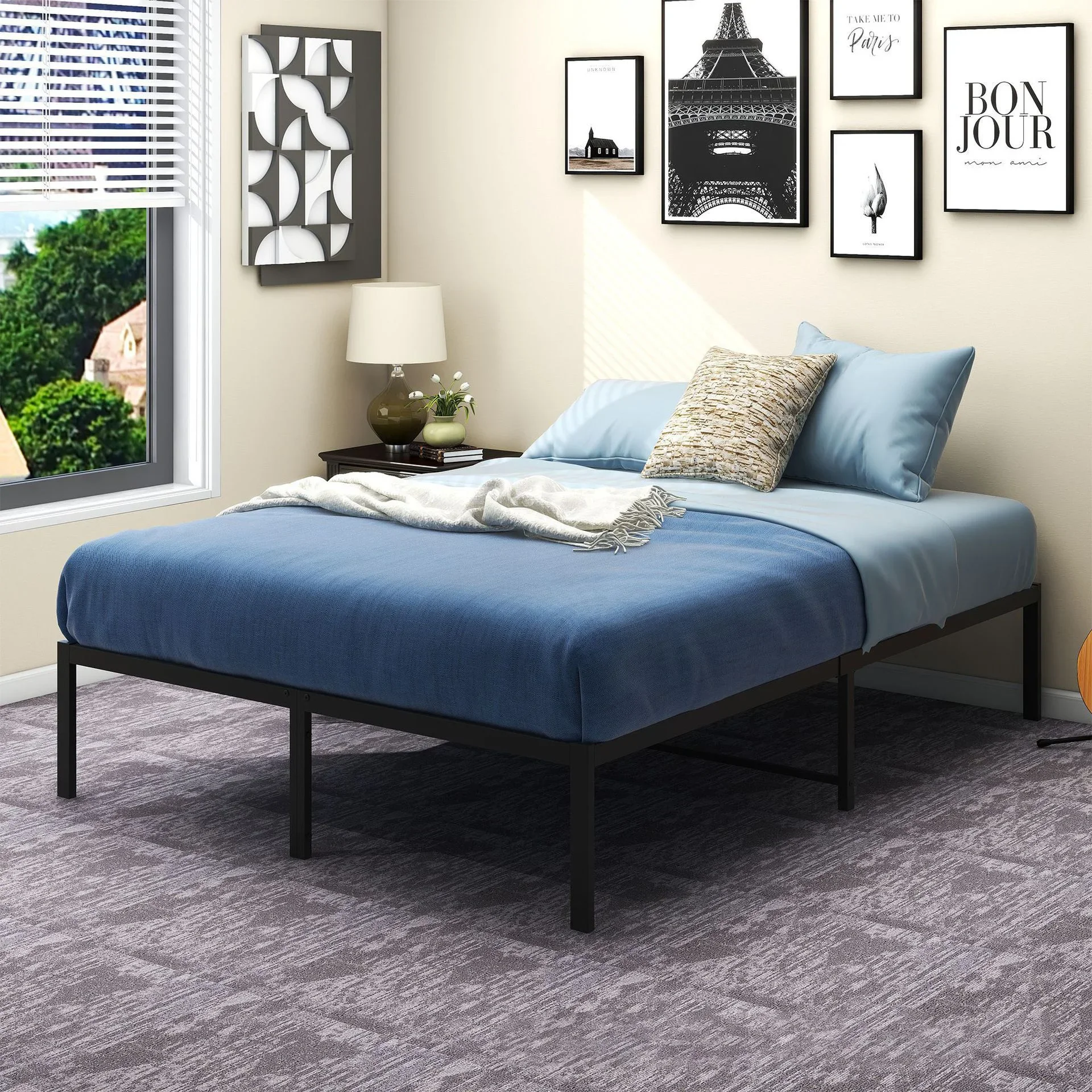 2026 Superventas Moderna Base de Cama Metálica de Acero al Carbono Negro, Tamaños Matrimonial, Individual, King y Queen, Plataforma Ahorradora de Espacio, Ecológica, para Hotel y Apartamento