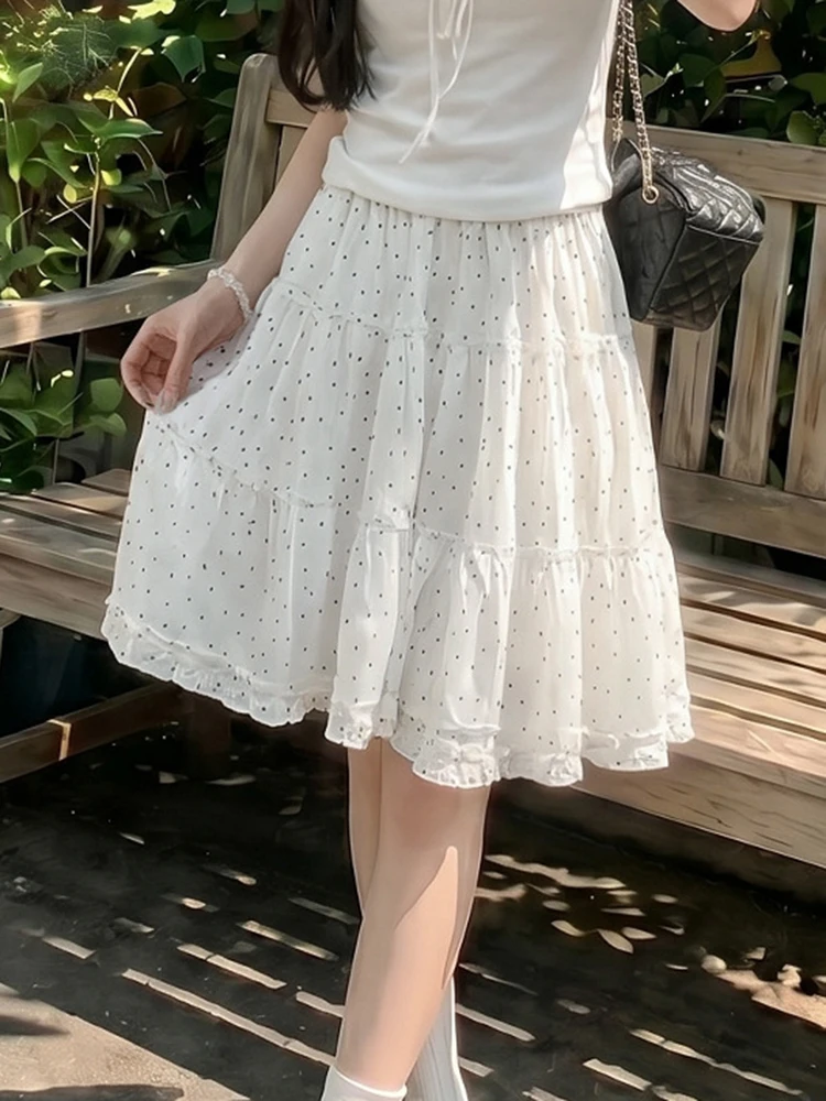 Sweet Dot Chiffon Skirt Women Fashion Ruffles High Waist Midi Skirts Summer Preppy Style Female Elegant Chic A Line Skirt New