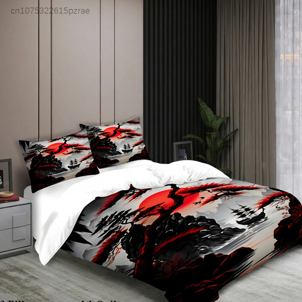 3pcs Japanese Landscape Bedding Sets 3D Printed Red Sunset And Pine Tree Duvet Cover Sets With Pillowcases No Filling