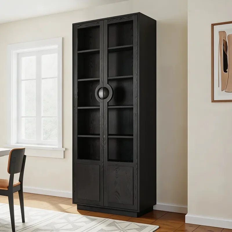 Retro Simple Solid Wood Glass Door Bookcase Black Display Cabinet Multi-functional Floor Storage Locker for Living Room