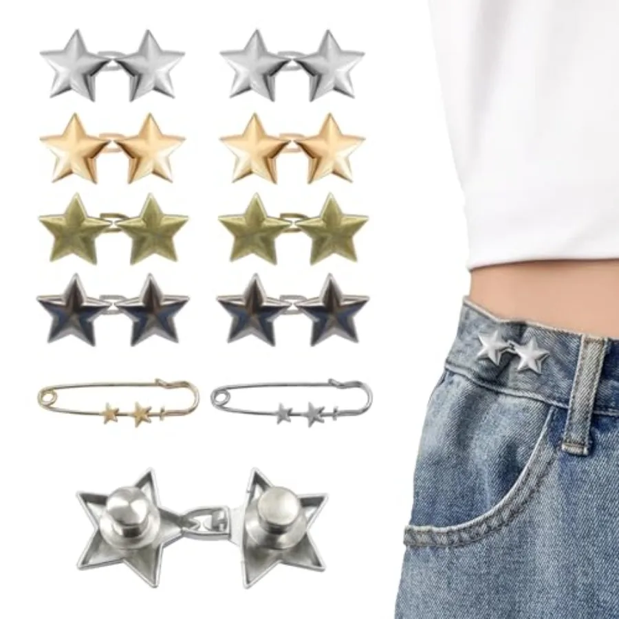 10 Set Pant Waist Tightener Star Buttons Pins for Loose Jeans Reusable Waist Cincher Clip Metal Star Brooch for Clothing Dresse