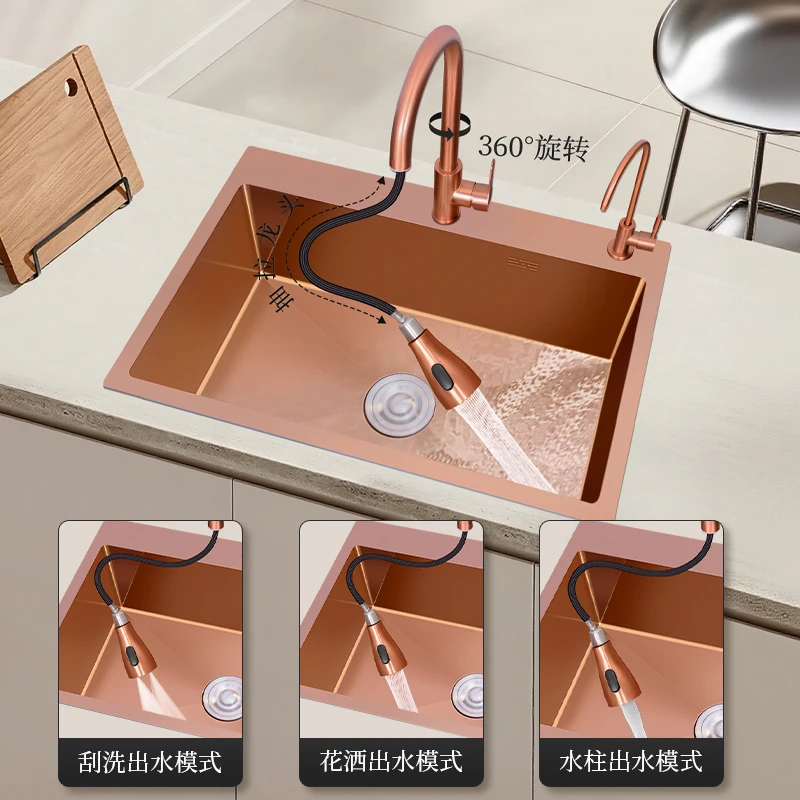 حوض نباتي للمطبخ باللون الذهبي الوردي نانو 304 حوض من الفولاذ المقاوم للصدأ غسيل طاولة واحدة كبيرة #2