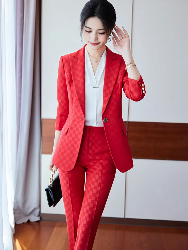 Completo da donna da ufficio completo da donna nero marrone rosso Plaid abbigliamento da lavoro femminile giacca Blazer e pantaloni formale Set da 2