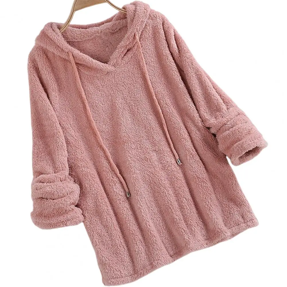 

Fluffy Hoodie Top Women Casual Hooded Pullovers V Neck Fleece sweatshirt Loose Warm Autumn Winter Pullover Top