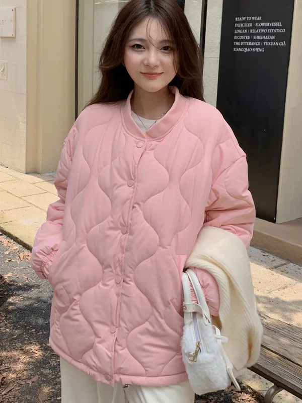 Short Cotton Jacket Women's Korean Style Loose Casual Baseball Coat Diamond Grid Small Size Fashionable Polyester Fiber