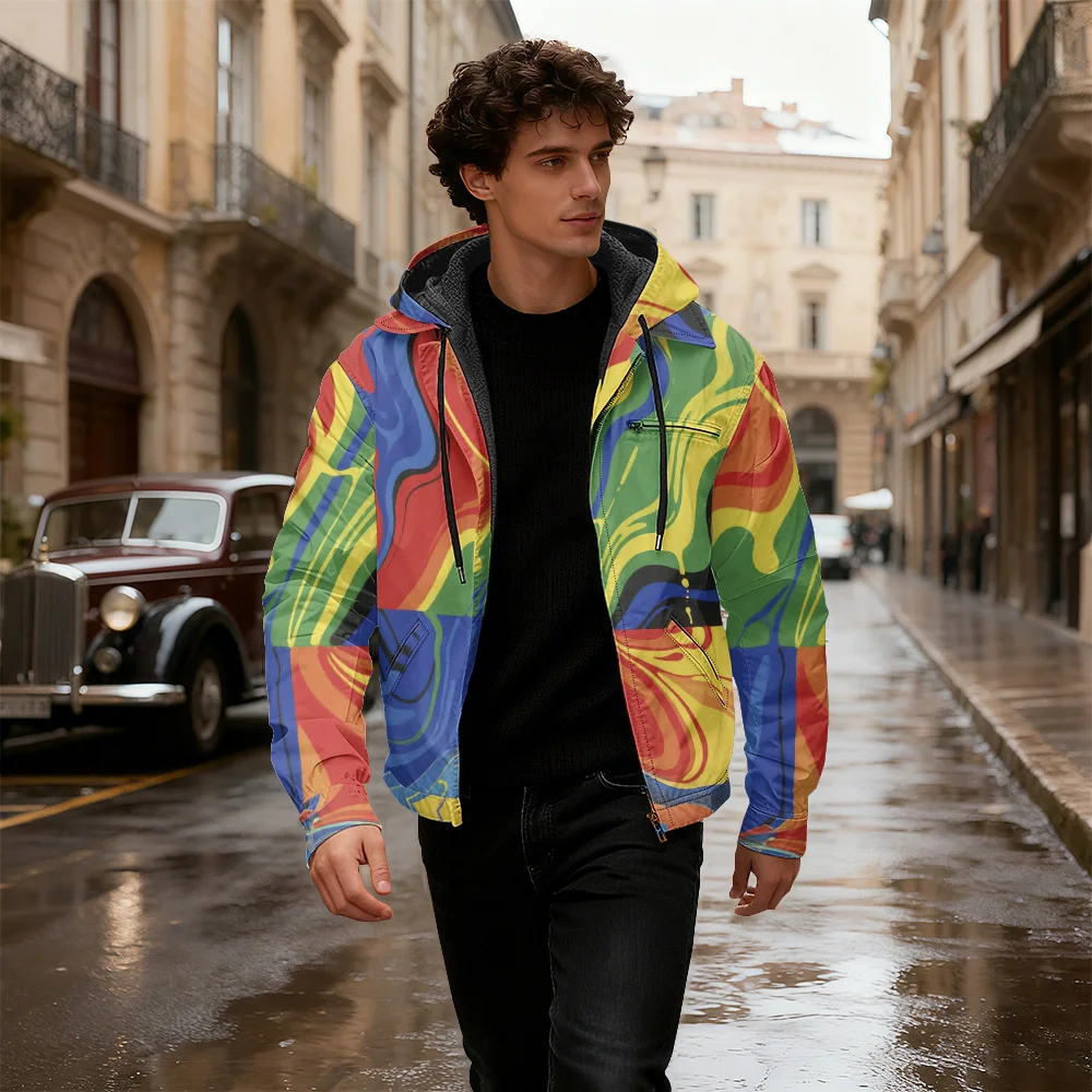 

Хлопковая куртка с капюшоном на молнии с цветной геометрией Нерегулярные полоски Модная толстовка с капюшоном на молнии в геометрическую полоску