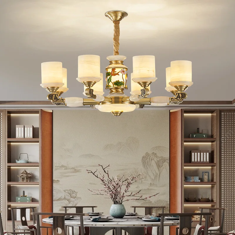 النمط الصيني الجديد، جميع النحاس، اليشم، غرفة المعيشة، الثريا، النمط الصيني، الفيلا، المبنى المزدوج #4