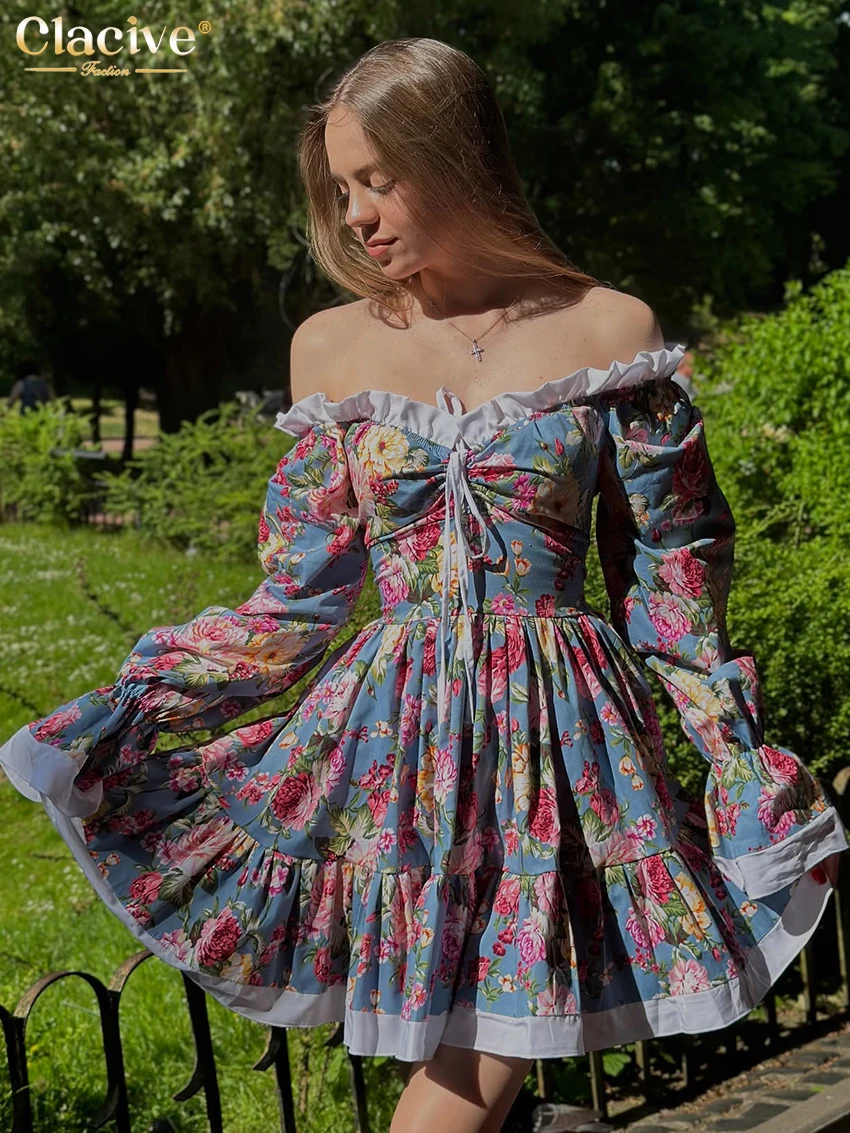 

Clacive Sexy Loose Print Women's Dress 2025 Fashion Slash Neck Long Sleeve Mini Dresses Elegant High Waist Pleated Female Dress