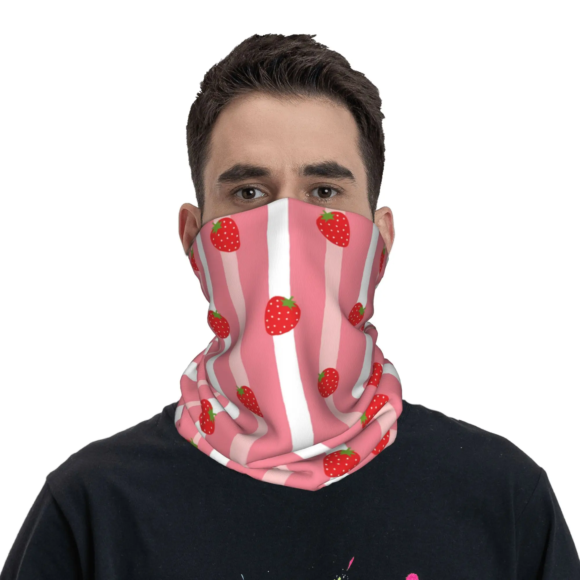 Strawberry Pink Stripes Cute Fruit Summer Sweet Berry Bandana Neck Cover Face Scarf Multi-use Headband Cycling Adult All Season